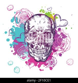 Schädel Kuh Boho Komposition mit handgezeichneten Kritzeleien Herzen und Aquarellfarben Vektorgrafik Stock Vektor