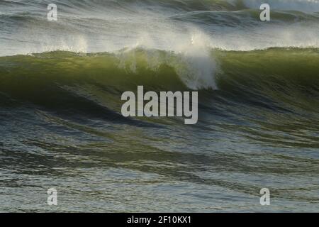 Welle, schöne Wellen, Hintergründe, Konzept, Kraft der Natur, Curl, Gewässer, Küste, Meer, Meereslandschaft, Durban, Südafrika, brechen, krachen Stockfoto