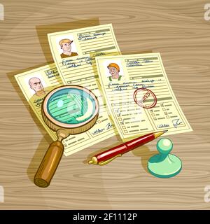 Personalmanagement-Design mit persönlichen Karten Lupe Stift und Stempel gemietet auf Holz Hintergrund Vektor-Illustration Stock Vektor
