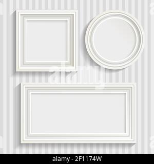 Set aus drei minimalistischen weißen Rahmen in verschiedenen Formen mit Schatten auf gestreiften grauen Wand Hintergrund Vektor-Illustration Stock Vektor