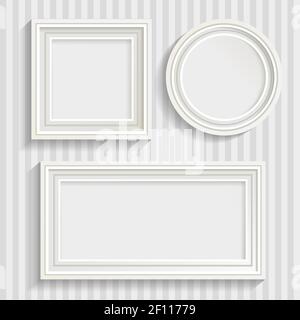 Set aus drei minimalistischen weißen Rahmen in verschiedenen Formen mit Schatten auf gestreiften grauen Wand Hintergrund Vektor-Illustration Stock Vektor