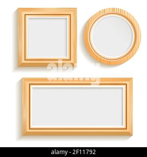 Set von runden quadratischen und rechteckigen isolierten Holzrahmen mit Schatten auf leerer Vektorgrafik Stock Vektor
