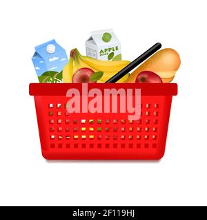Isolierte rote Supermarkt Korb voller Artikel Lebensmittel vor Ansicht auf leerer Vektorgrafik im Hintergrund Stock Vektor