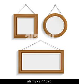 Set von drei realistischen Luxus-Innenrahmen in unterschiedlicher Form Aus dunklem Holz an der Wand mit isolierten Schatten vektorgrafik Stock Vektor
