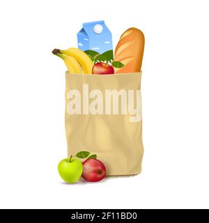 Isolierte realistische Bild der braunen Handwerk Papierbeutel voll von Lebensmittel Brot Milch Früchte mit Schatten Vektorgrafik Stock Vektor
