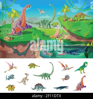 Tiere jurassic Konzept mit Wildlife Design und Set von Vögeln Dinosaurier und Unterwasser Bestien isoliert Vektor-Illustration Stock Vektor