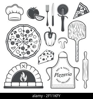 Pizzeria monochrome Elemente Set mit gekochtem Produkt und Gemüse Uniform Von Koch kulinarischen Utensilien isoliert Vektor-Illustration Stock Vektor