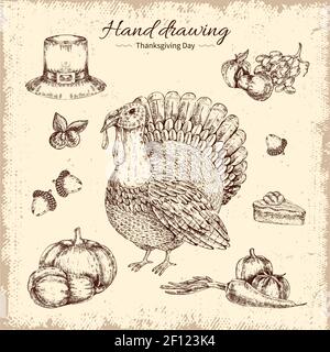 Thanksgiving Day Design mit Obst und Gemüse truthahn und Eicheln Auf abgenutzten Hintergrund handgezeichnete Vektorgrafik Stock Vektor