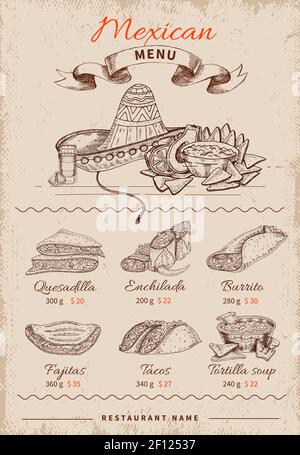Mexikanische handgezeichnete Restaurant-Menü mit Ribbon Food-Symbole und Preise auf Grunge Hintergrund Vektorgrafik festgelegt Stock Vektor