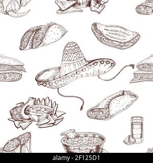 Mexikanisches Essen Hand gezeichnet nahtlose Muster mit Sombrero Tequila und Zitrone nationale Gerichte monochrome Vektor-Illustration Stock Vektor