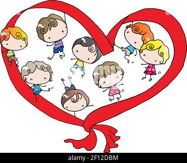 vektor Cartoon Kinder Herz-förmigen roten Satin Band Grenze Hintergrund Stock Vektor