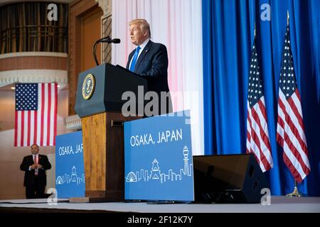 Präsident Donald Trump nimmt an einer Pressekonferenz am 29 2019. Juni im Imperial Hotel Osaka Teil, nachdem er am Japan Summit G20 in Osaka Japan teilgenommen hat. Stockfoto