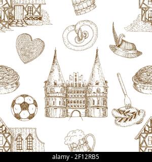Handgezeichnetes deutschland nahtloses Muster mit isolierten Bildern von deutsch Kultur traditionelle Elemente auf leeren Hintergrund Vektor-Illustration Stock Vektor