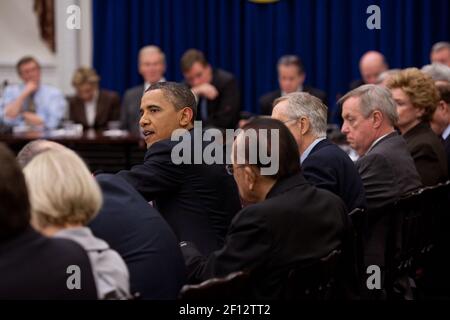 Präsident Barack Obama trifft sich mit dem demokratischen Senat Caucus im Eisenhower Executive Office Building in Washington D.C. Mai 11 2011. Stockfoto