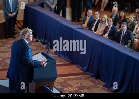 Präsident Donald Trump nimmt an einer Pressekonferenz am 29 2019. Juni im Imperial Hotel Osaka Teil, nachdem er am Japan Summit G20 in Osaka Japan teilgenommen hat. Stockfoto
