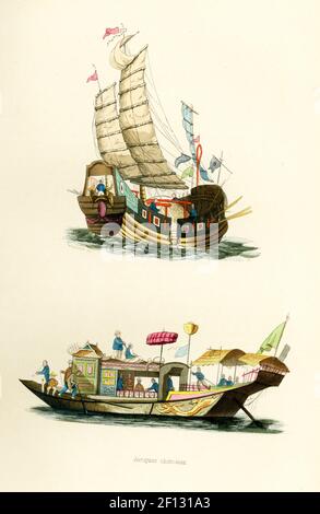 Diese Abbildung aus dem Jahr 1840s zeigt zwei chinesische Dschunken. Ein Trödel ist eine Art chinesisches Segelschiff mit voll getarntem Segel. Es gibt zwei Arten von Schrott in China: Nördlicher Schrott, der aus chinesischen Flussbooten entwickelt wird, und südlicher Schrott, der aus austronesischen Schiffsentwürfen entwickelt wird, von denen Beispiele mit der östlichen Han-Dynastie seit dem 2nd. Jahrhundert n. Chr. gehandelt haben. Stockfoto