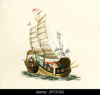 Diese Abbildung von 1840s zeigt einen chinesischen Junk. Ein Trödel ist eine Art chinesisches Segelschiff mit voll getarntem Segel. Es gibt zwei Arten von Schrott in China: Nördlicher Schrott, der aus chinesischen Flussbooten entwickelt wird, und südlicher Schrott, der aus austronesischen Schiffsentwürfen entwickelt wird, von denen Beispiele mit der östlichen Han-Dynastie seit dem 2nd. Jahrhundert n. Chr. gehandelt haben. Stockfoto