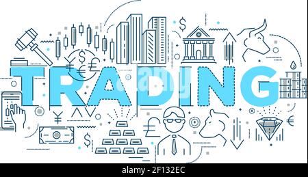 Handel lineares Design mit blauen typografischen Titel Aktien und Gold Bären und Bullen Öl Vektor Illustration Stock Vektor