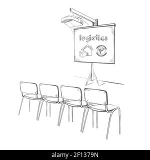 Handgezeichnetes Business logistic Präsentationskonzept mit Projektor Whiteboard und Stühle isoliert Vektor Illustration Stock Vektor