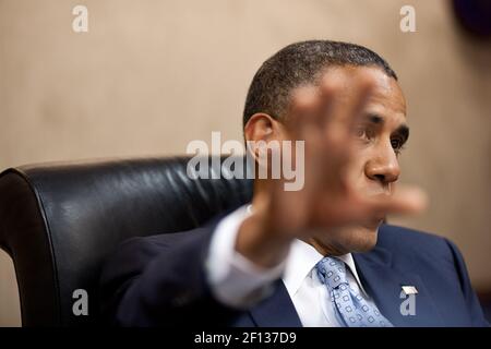 Präsident Barack Obama hält am 31 2012. Mai ein Treffen im Situationsraum des Weißen Hauses ab. Stockfoto