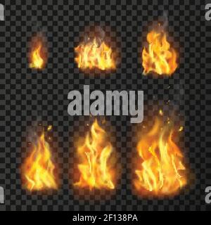 Set von realistischen Feuerflammen verschiedener Größe mit Funken Auf transparentem Hintergrund isolierte Vektordarstellung Stock Vektor