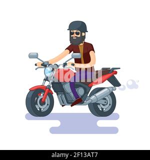 Bunte Klassiker Motorrad-Konzept mit bärtigen Mann in Helm und Sonnenbrille im flachen Stil Vektor-Illustration Stock Vektor