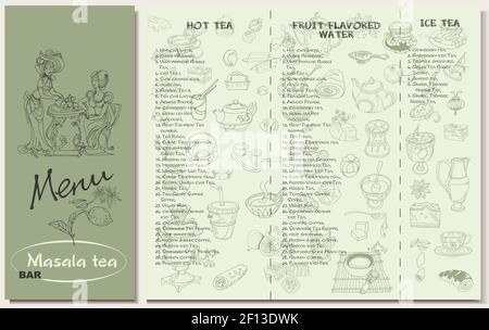 Teestaurant Menüvorlage mit heißen Früchten aromatisierten Eissorten Und Gewürze Utensil Desserts Skizze Elemente Vektor Illustration Stock Vektor