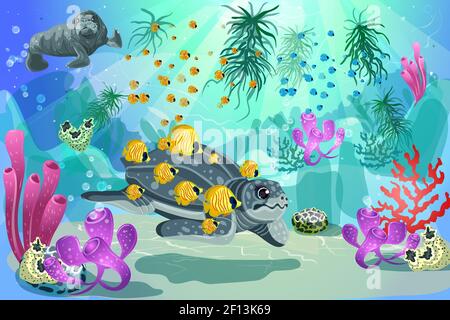 Bunte Unterwasserlandschaft Vorlage mit schwimmenden Schildkröte Walrossfische Und natürliche Pflanzen und Algen Vektor Illustration Stock Vektor