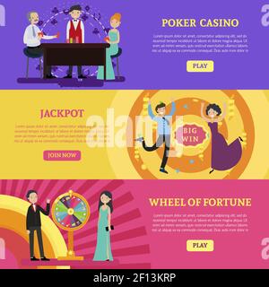 Bunte Casino horizontale Banner mit Menschen spielen Karten Drehen Glück Rad und glücklich jackpot Gewinner Vektor-Illustration Stock Vektor