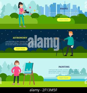 Menschen Hobbies horizontale Banner mit Menschen in der Fotografie Astronomie Und Malerei Interessen Vektor Illustration Stock Vektor