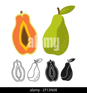 Papaya hawaii Cartoon Set Linie Symbol, schwarze Glyphe Stil. Pawpaw tropischen Sommer. Papaya mit Fruchtfleisch Knochen, Blätter. Comic handgezeichnetes Design für Verpackung, Karte, Poster. Isolierte Vektordarstellung Stock Vektor