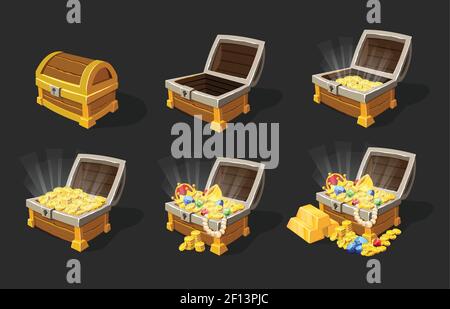 Isometrische Schatztruhen Animation Set mit geschlossenen leer voll Gold Münzen Bars Schmuckkästchen isoliert Vektor Illustration Stock Vektor