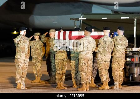 Mitglieder der Ehrengarde der US-Armee werden während der würdevollen Transferzeremonie am Donnerstagabend, dem 21 2019. November, auf dem Luftwaffenstützpunkt Dover in Dover DE gesehen Stockfoto