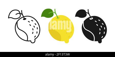 Zitrone Cartoon Set Linie Symbol, schwarze Glyphe Stil. Citrus Tropical Summer Collection hawaii Frische Lebensmittel. Comic handgezeichnetes organisches Design für Verpackung, Grußkarte, Poster. Isolierte Vektordarstellung Stock Vektor