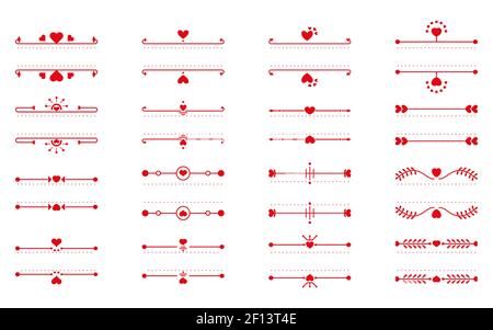 Rotes Textfeld dünne Linie und Herzelement, Set. Romantische elegante Dekor Text Kontur. Dekoratives Element ideal für Design für Buchseite Text, Karte, Menü am Valentinstag. Isolierte Vektordarstellung Stock Vektor