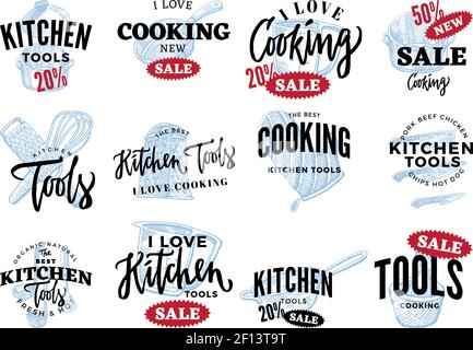 Küchengeräte Verkauf Logos mit schwarzen Inschriften und Skizze gesetzt Utensilien isoliert Vektor-Illustration Stock Vektor