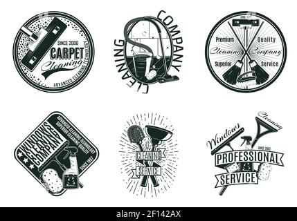 Monochrome Reinigungsfirma Logos Set mit Aufschriften Werkzeuge Zubehör und Ausrüstung im Vintage-Stil isoliert Vektor-Illustration Stock Vektor