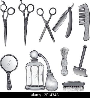 Vintage Friseur-Werkzeuge Set mit Schere Rasiermesser Kamm Spiegel Spritzenbürsten im Skizzenstil isolierte Vektordarstellung Stock Vektor