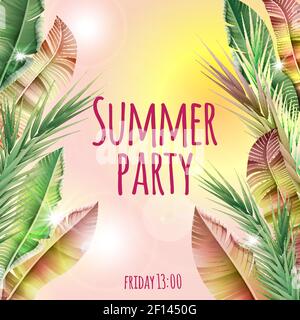 Leichte Sommerparty tropische botanische Vorlage mit realistischer Bananenpalme Blätter auf verschwommenem Hintergrund Vektorgrafik Stock Vektor