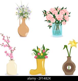 Niedliche Blumen im Frühling und Sommer in einer Vase mit Illustrationen. Stock Vektor