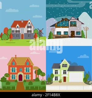 Bunte Vorstadthäuser flaches Konzept von unterschiedlicher Architektur und Konstruktion In verschiedenen Jahreszeiten Vektor-Illustration Stock Vektor