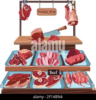Handgezeichnetes Metzgerei-Konzept mit Messer und verschiedenen Teilen Des Schneidens von Rindfleisch auf dem Gegenvektor Illustration Stock Vektor