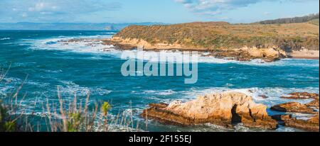 Panorama. Felsige Klippen, Strand, Hügel und Kalifornien Urwald, herrliche Aussicht vom Montana de Oro Bluff Trail, Kalifornien Stockfoto