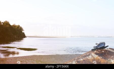 Retro 60er Jahre 70er Jahre Vintage-Stil ungesättigte Farblandschaft eines Küsten-Surf-Break. Tangas Flip Flops Jandals Sandalen ruhen auf einem Felsen mit Sand Meer Stockfoto