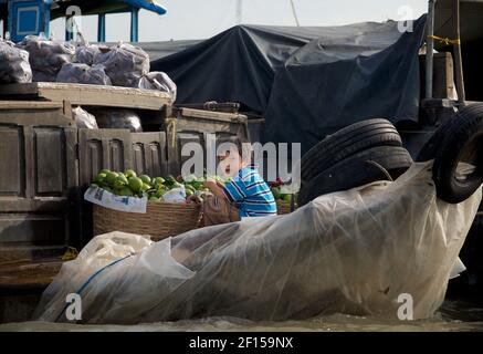 Vietnamesischer Junge auf einem Flussboot, Handel mit Pomelo Obst auf Cai Rang schwimmenden Markt, Mekong Delta, Vietnam Stockfoto