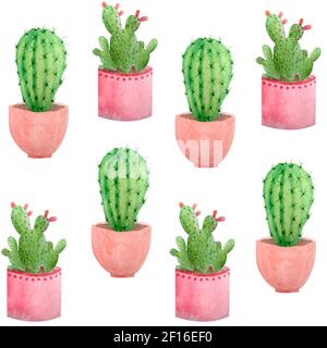 Aquarell von Hand gezeichnet nahtloses Muster von tropischen mexikanischen Kakteen Kakteen Sukkulenten. Grüne natürliche Haus Pflanzen in Töpfen botanischen illsutration drucken Innenarchitektur Dekoration für Tapete Textil Stockfoto