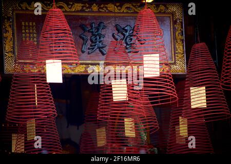 Spiral Weihrauchspulen im Hoi Quan Quảng Dong. Die Hokien (Fujian) Meeting Hall, Phuc Kien. Hoi An, Provinz Quảng Nam, Vietnam Stockfoto