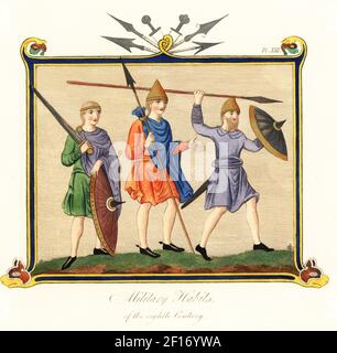 Angelsächsischer Offizier, Kavalier und Fußsoldat. Erster Offizier in der königlichen Garde, berittene Soldat mit Lanze und ein Infanteriemann mit Lanze und Schild. Aus dem Altenglischen Hexateuch, Cotton MS Claudius B iv. Handkolorierter Stich von Joseph Strutt aus seiner vollständigen Ansicht des Kleides und der Gewohnheiten der Menschen von England, Henry Bohn, London, 1842. Stockfoto