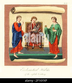 Angelsächsische kirchlichen Gewohnheiten, 8th Jahrhundert. Priester aus Altenglischem Hexateuch, Baumwolle MS Claudius B iv, König David spielt auf einer Harfe aus Baumwolle MS Vespasian Psalter A i, und Priester hält den Gastgeber und das Ciborium aus Baumwolle MS Cleopatra C viii. Handkolorierter Stich von Joseph Strutt aus seiner vollständigen Ansicht des Kleides und der Gewohnheiten der Menschen von England, Henry Bohn, London, 1842. Stockfoto