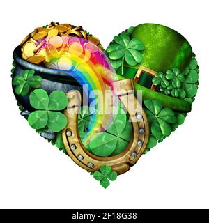 St. Patricks Day Liebe mit Glücksbringer wie grüner Kleeblatt und ein Pferdeschuh als Kleeblatt als Herz als St. Patrick Feier geformt. Stockfoto